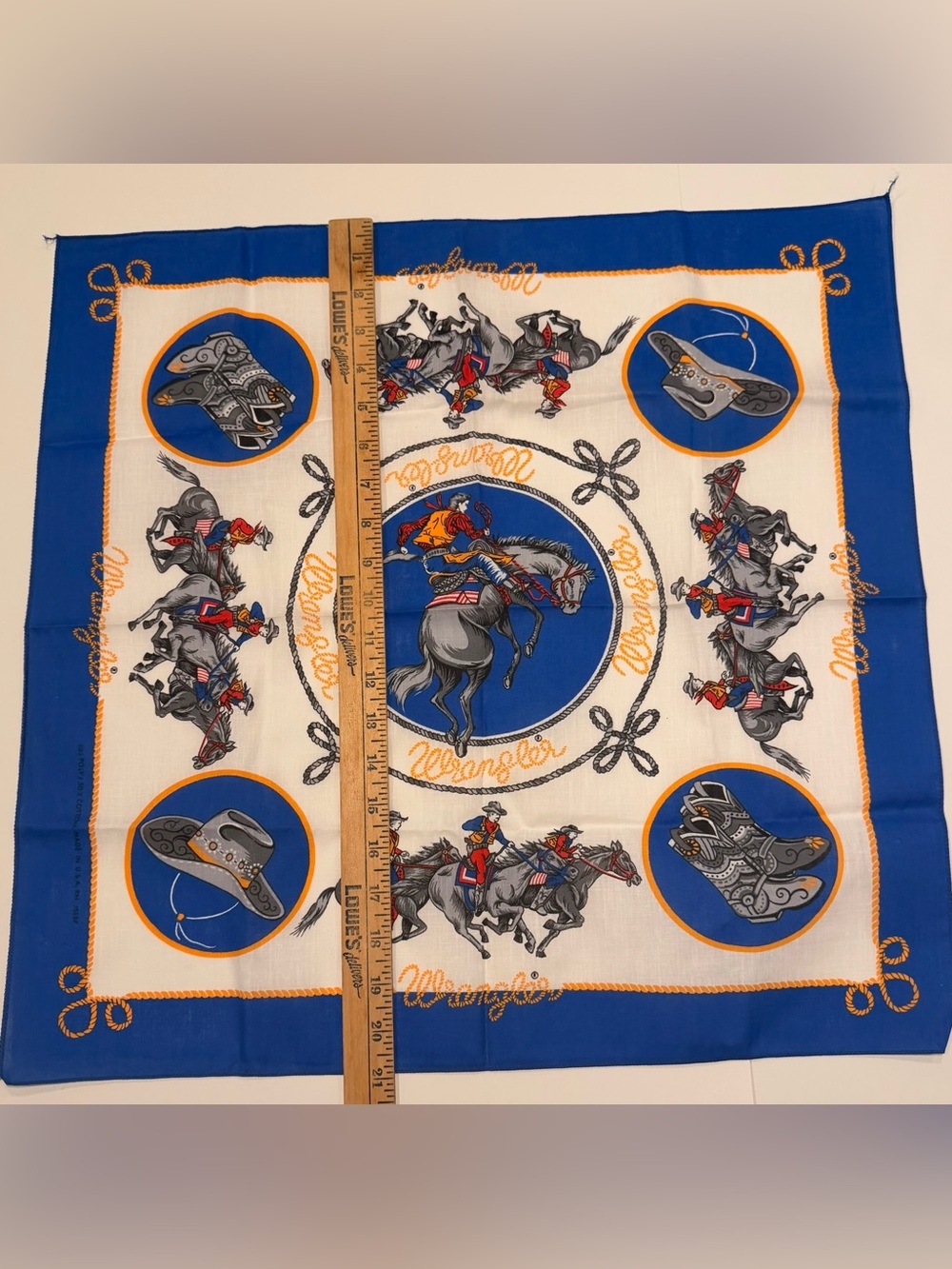 Vintage Wrangler Rodeo Western Bandana Scarf Cowboy Horse rope Blue White gold